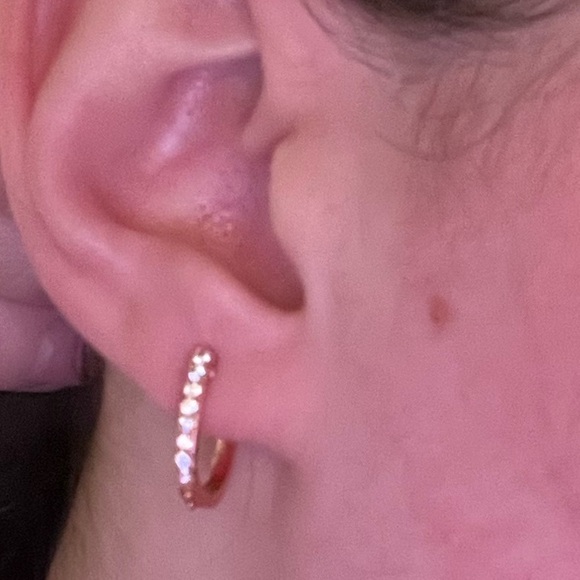 Rose Gold Diamond Huggie Drop Hoop Earrings - Picture 3 of 7